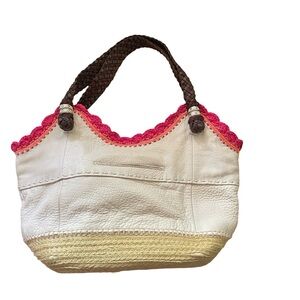The Sak Sierra Leather Bag Purse Off White Pink Crochet Woven Trim Shopper Stone
